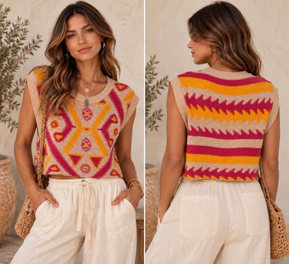 Free People Cyprus Sweater Vest M Pink Yellow Aztec Geometric Cropped Boho Knit
